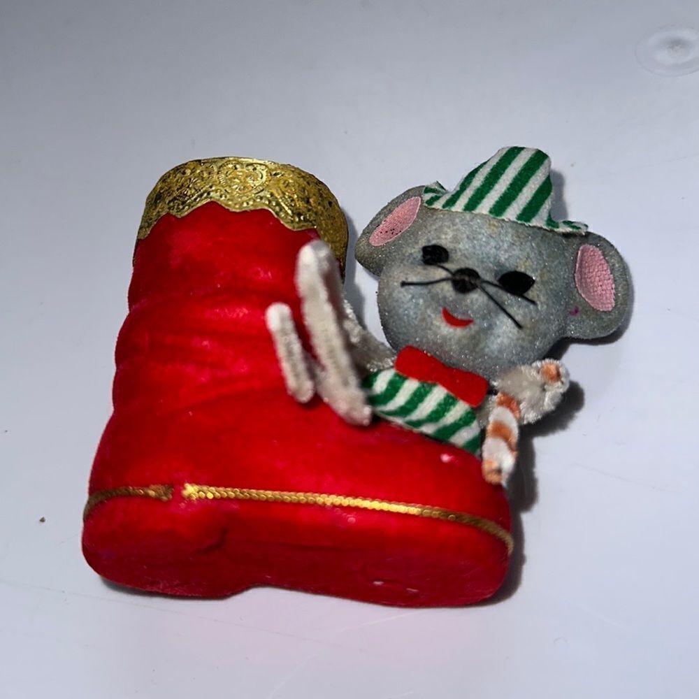 Vintage flocked‎ red boot with gray mouse Christmas tree ornament